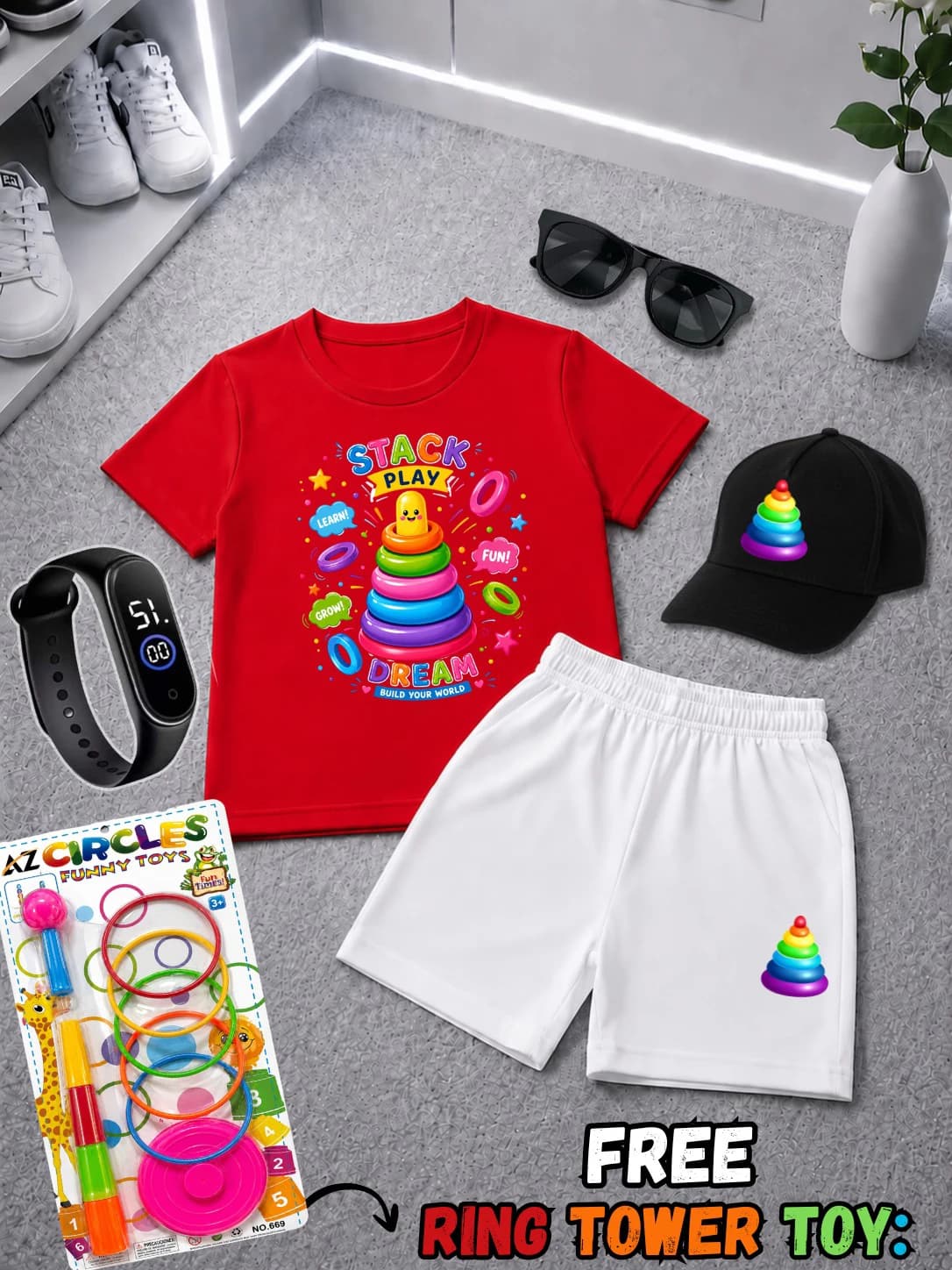 kids short dress, with cap, Glasses, Watch and ring toy
